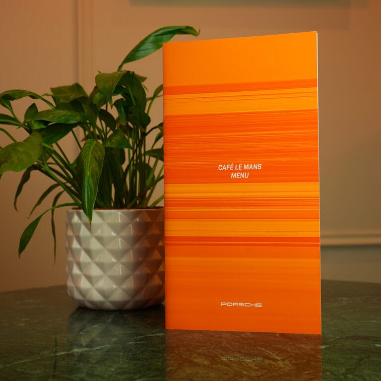 plant and orange brochure upright on dark green table