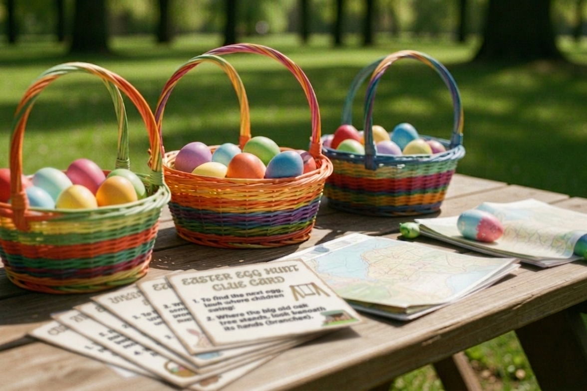 Ai Generated image showing a wooden table with easter bags containing eggs, clue cards and maps for easter egg hunt.