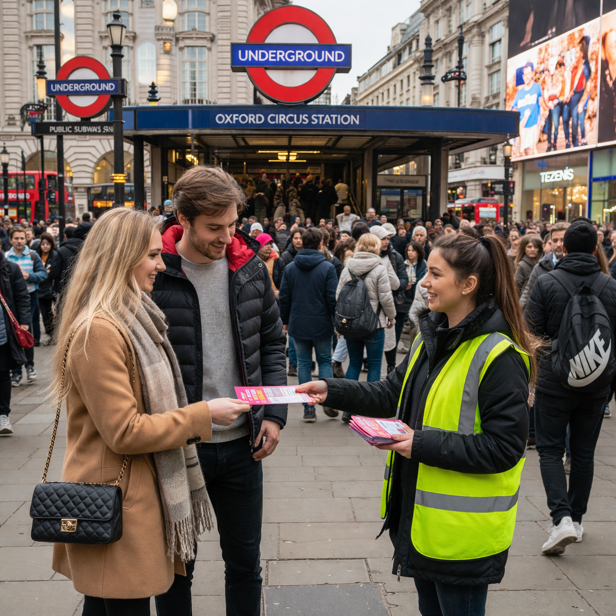 A busy London street outside Oxford Circus Underground station. A woman wearing a bright yellow high-visibility vest hands leaflets to a smiling couple, while pedestrians pass by and a red double-decker bus and iconic Underground signage are visible in the background.