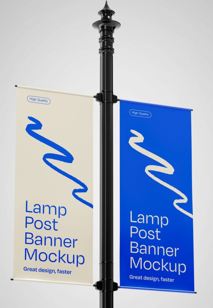 Mockup of blue and white lamp post Banner